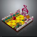 Colorful Decorative Scene With Pink Heart Shaped Decoration Small House Fence Yellow Floor And Flowers