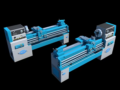Two Blue Heavy Duty Industrial Lathe Machines With Bed And Control Panel 3d model