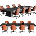 Modern Black Conference Table With Brown Leather Rolling Chairs And Documents 3d model