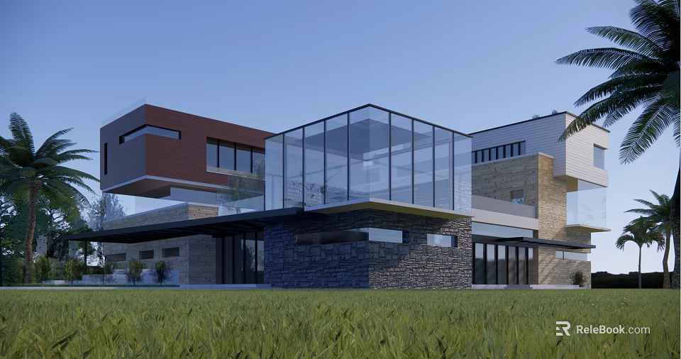 Modern Guesthouse Building Featuring Glass Structure Stone Wall And Greenery 3d model