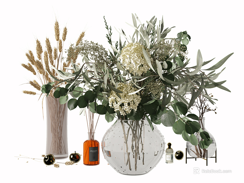 Natural Flower Arrangement In Round Glass Vase With Eucalyptus Wheat And Greenery Decor 3d model 