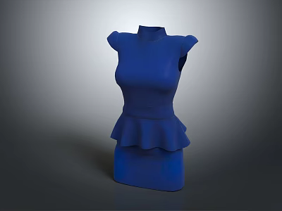 Women's Stylish Blue Sleeveless High Neck Dress With Peplum Hem Design 3d model