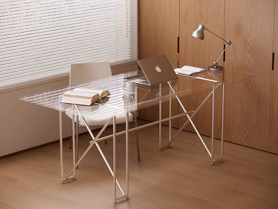 Modern Transparent Glass Desk With Metal Frame Laptop Table Lamp Wooden Cabinets And Window Blinds 3d model