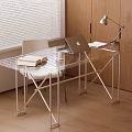 Modern Transparent Glass Desk With Metal Frame Laptop Table Lamp Wooden Cabinets And Window Blinds