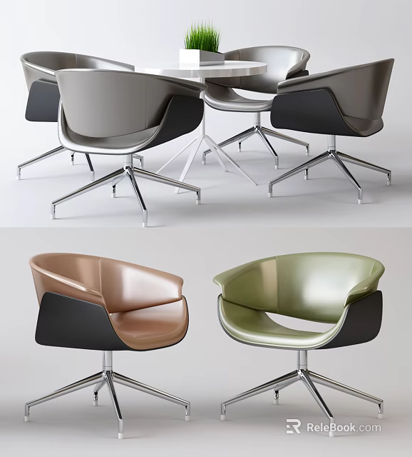 Modern Table and Chair Set Featuring Leather Seats Metal Legs in Brown Green 3d model 