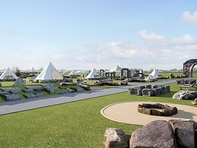 Outdoor Scenery With Green Grass White Tents Stone Structures And Circular Sandy Area 3d model