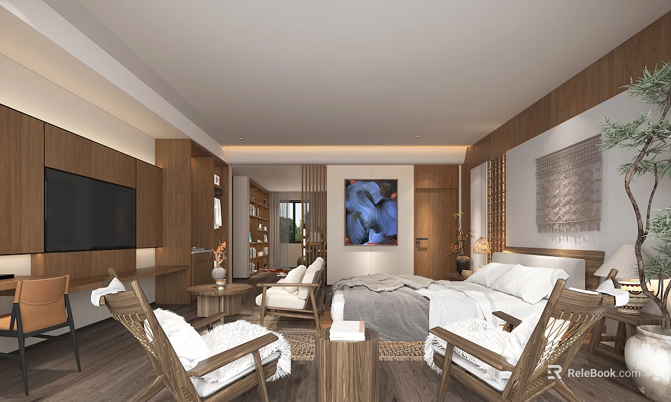 Hotel Guest Room Interior Featuring Wooden Furniture TV Decorative Painting Comfortable Bed And Chairs 3d model 