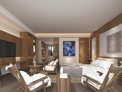 Hotel Guest Room Interior Featuring Wooden Furniture TV Decorative Painting Comfortable Bed And Chairs 3d model