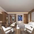 Hotel Guest Room Interior Featuring Wooden Furniture TV Decorative Painting Comfortable Bed And Chairs