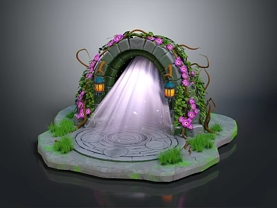Enchanted Archway With Pink Flowers Vines Lanterns Circular Stone Slab And Green Grass 3d model