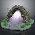 Enchanted Archway With Pink Flowers Vines Lanterns Circular Stone Slab And Green Grass