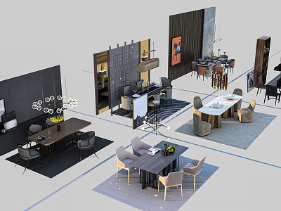 Modern Dining Table Set With Comfortable Chairs And Pendant Light Decor 3d model