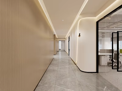 Modern Office Corridor With Beige Walls Gray Tiles Lighting Strips Glass Partitions And Open Office 3d model