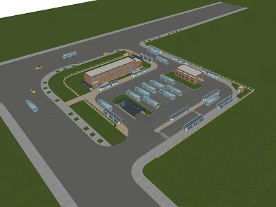 Parking Facility Layout With Buildings Vehicles Roads And Green Surroundings 3d model