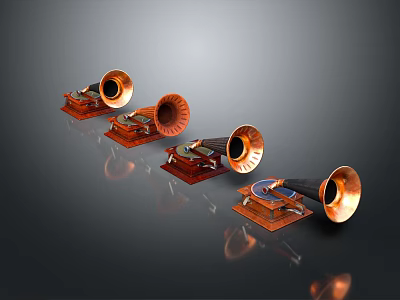 Vintage Copper Horn Speakers With Wooden Bases Arranged On Dark Reflective Surface 3d model