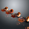 Vintage Copper Horn Speakers With Wooden Bases Arranged On Dark Reflective Surface