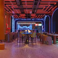 Elegant Modern Bar Interior With Neon Lights Bar Counter High Chairs And Wine Cabinets