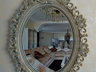 Ornate Gold Oval Mirror with Intricate Carved Frame Reflecting Living Room Sofa And Chandelier 3d model