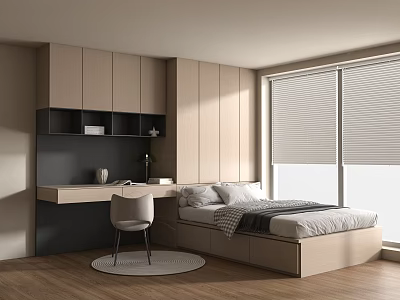 Minimalist Tatami Bedroom Interior With Wooden Desk Chair And Window Blinds 3d model