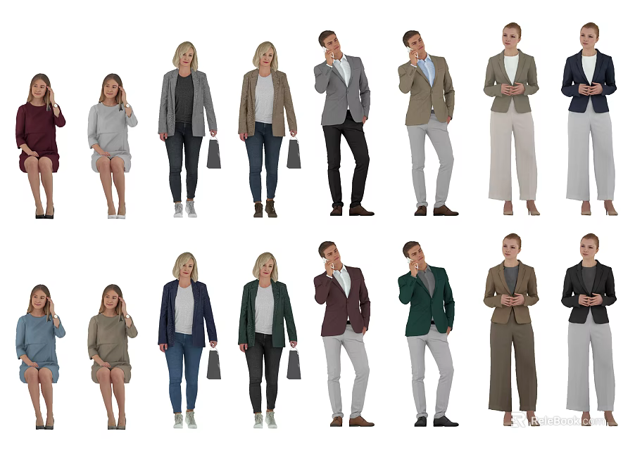Group of People in Different Poses Wearing Casual And Business Outfits 3d model 