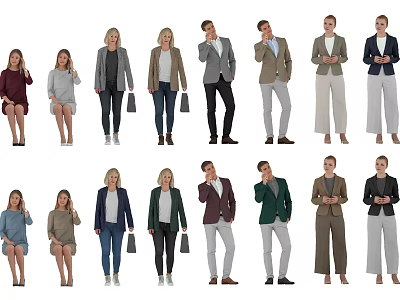 Group of People in Different Poses Wearing Casual And Business Outfits 3d model
