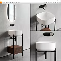 Sleek Modern Ceramic Washbasin Design With Metal Frame Wooden Shelf And Round Mirror