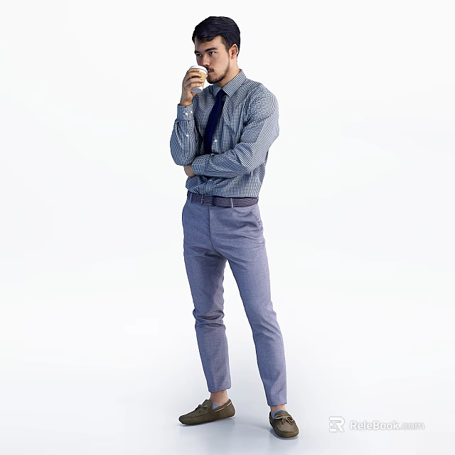 Man Posing In Striped Shirt And Tie With Crossed Arms Hand Near Mouth Light Background 3d model 