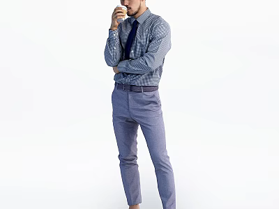 Man Posing In Striped Shirt And Tie With Crossed Arms Hand Near Mouth Light Background 3d model