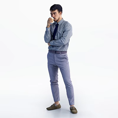 Man Posing In Striped Shirt And Tie With Crossed Arms Hand Near Mouth Light Background 3d model