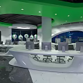 Modern Control Room With Large Curved Display Screen Showing Data Wave Patterns And Control Console