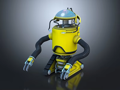 Yellow Robot With Transparent Dome Head And Mechanical Arms On Tracked Base 3d model