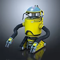 Yellow Robot With Transparent Dome Head And Mechanical Arms On Tracked Base