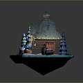 Cartoon Winter Scene With Snowy Log Cabin Pine Trees String Lights And Wooden Barrels