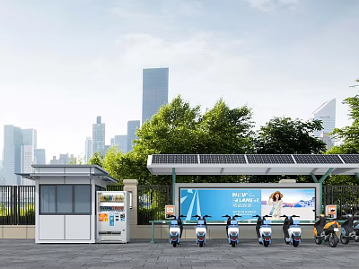 Solar Powered Urban Parking Lot With Charging Stations Kiosk Green Trees And Electric Mopeds 3d model