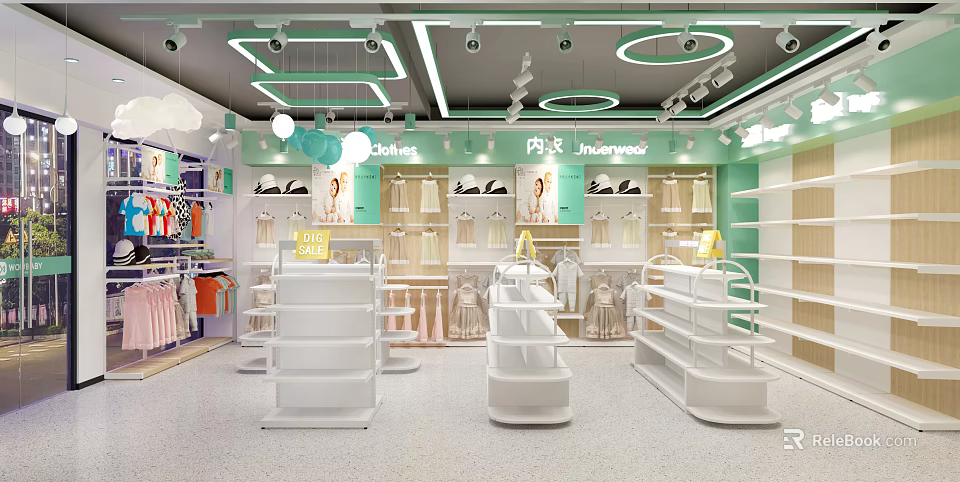 Kids Clothing Store Interior With White Shelves Green Decor Clothing Displays And Pendant Lights 3d model 
