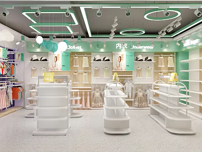 Kids Clothing Store Interior With White Shelves Green Decor Clothing Displays And Pendant Lights 3d model