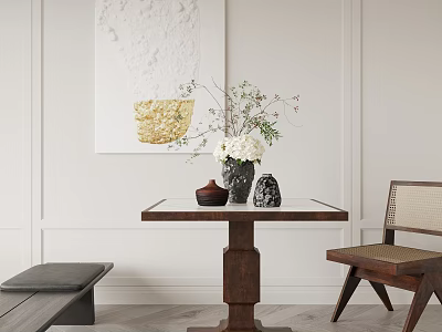 Modern Wooden Table And Chair Bench Set With Vase Flowers And Artwork Against White Wall 3d model