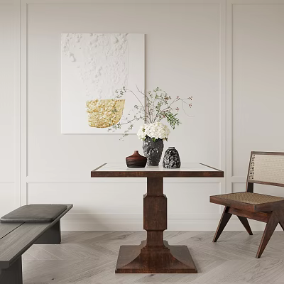 Modern Wooden Table And Chair Bench Set With Vase Flowers And Artwork Against White Wall 3d model
