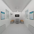 Compact Industrial Equipment Setup in Narrow Space with Sink Mirror Refrigerator and Checkerboard Floor Tiles
