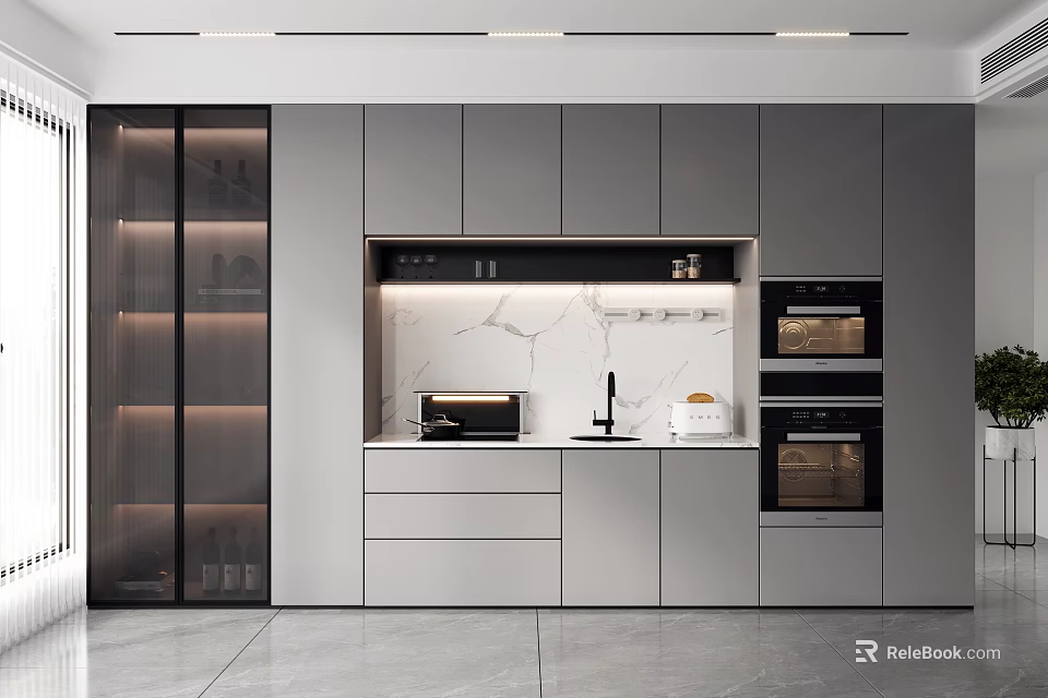 Modern Wine Cabinet In Open Kitchen Interior With Glass Doors Built in Lighting And Cabinets 3d model 