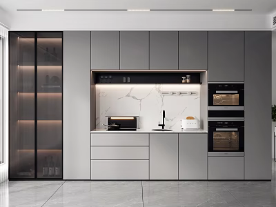 Modern Wine Cabinet In Open Kitchen Interior With Glass Doors Built in Lighting And Cabinets 3d model