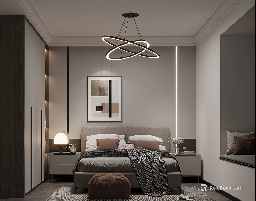 Modern Bedroom Interior With Circular Chandelier Bedside Tables Pillows And Artwork 3d model 