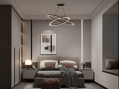 Modern Bedroom Interior With Circular Chandelier Bedside Tables Pillows And Artwork 3d model