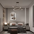 Modern Bedroom Interior With Circular Chandelier Bedside Tables Pillows And Artwork