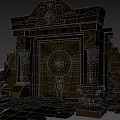 Egyptian Style Ancient Door With Golden Carvings Lion Headed Statues And Pyramid Bricks