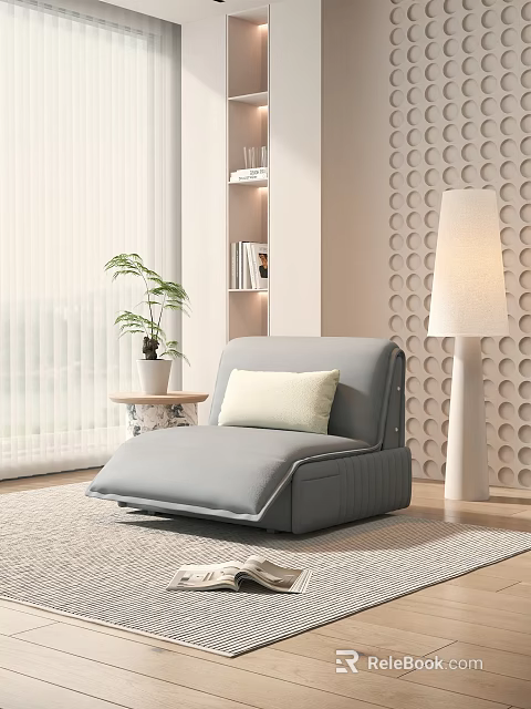 Gray Single Sofa With Beige Pillow Beside Table Potted Plant Floor Lamp And Circular Pattern Wall 3d model