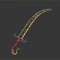 Decorative Scimitar with Intricate Gold Blue Patterns and Red Handle Design 3d model