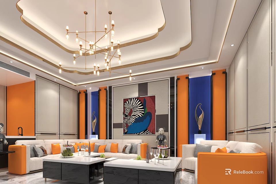 Modern Luxury KTV Interior Design With Comfortable Sofas Chandeliers And Art Decorations 3d model