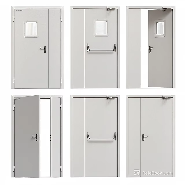 Various Industrial Doors With Small Window Panels And Metal Handles In Different States 3d model 