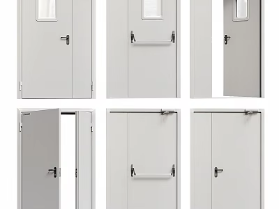 Various Industrial Doors With Small Window Panels And Metal Handles In Different States 3d model